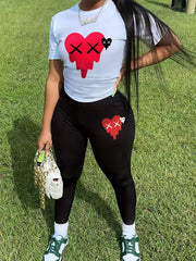 Women's Plus Heart Print Crop Top & Pants Set