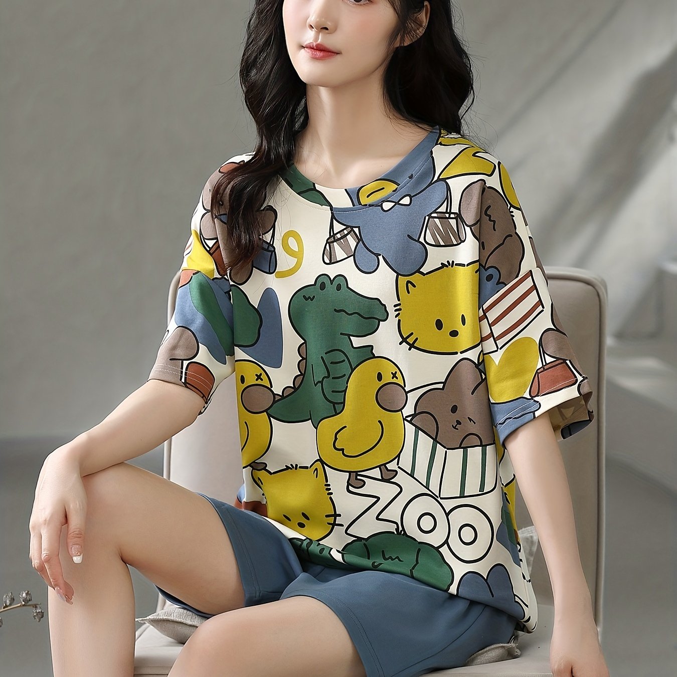 Cartoon Print Pajama Set Short Sleeve Top & Cozy Shorts Women's Loungewear