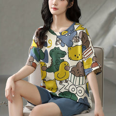 Cartoon Print Pajama Set Short Sleeve Top & Cozy Shorts Women's Loungewear