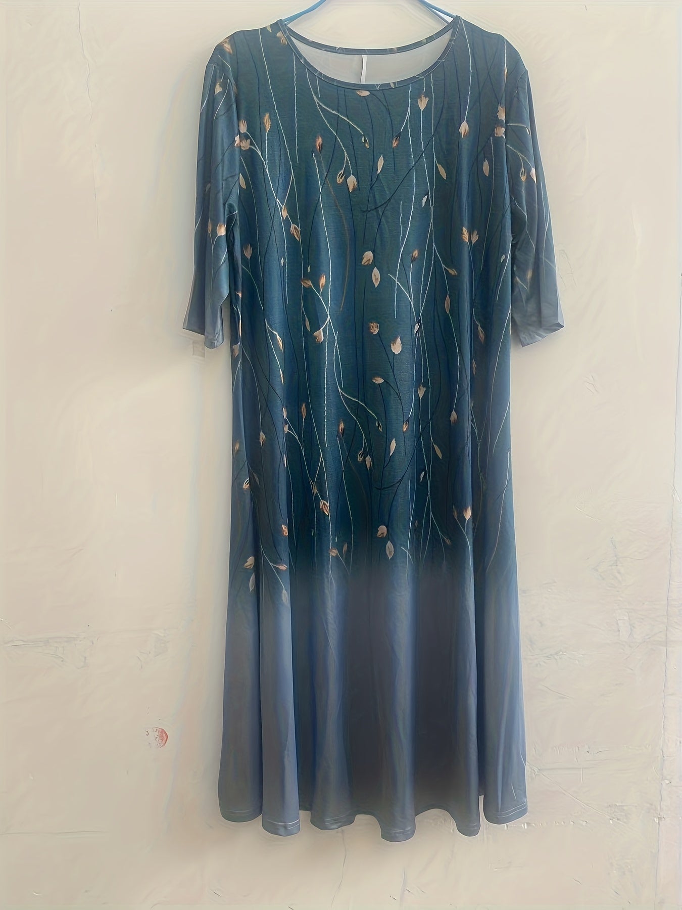 Floral & Ombre Print Half Sleeve Round Neck Dress With Pockets
