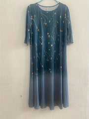 Floral & Ombre Print Half Sleeve Round Neck Dress With Pockets