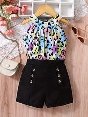 2pc Toddler Girls Leopard Halter Top & Shorts Set Kids Summer Clothes