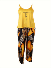 Eyelash & Heart Print Pajamas Set Cami Top & Wide Leg Pants