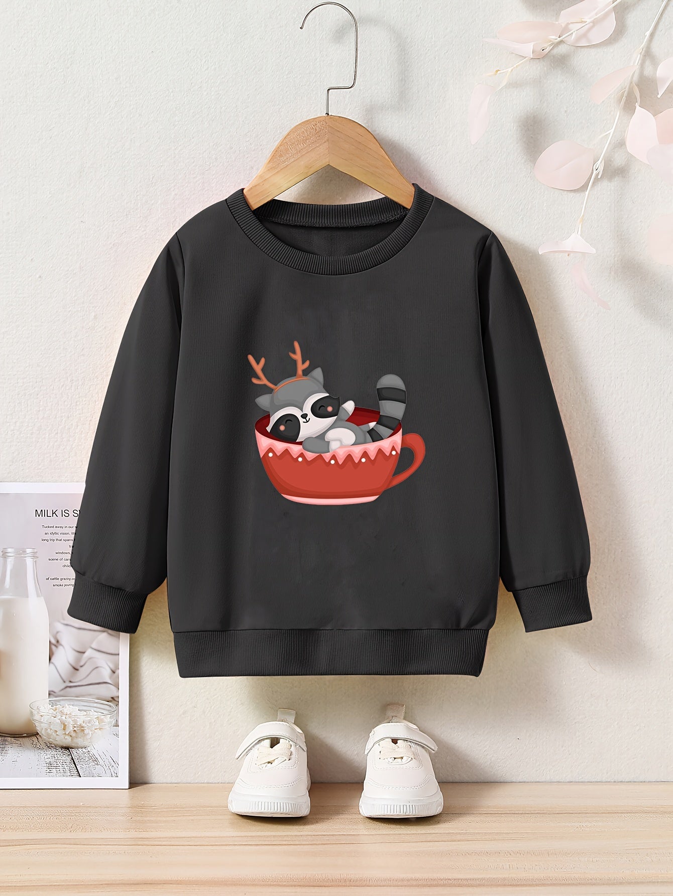 Raccoon Print Sweatshirt Kids Graphic Crew Neck Pullover Sweatshirt