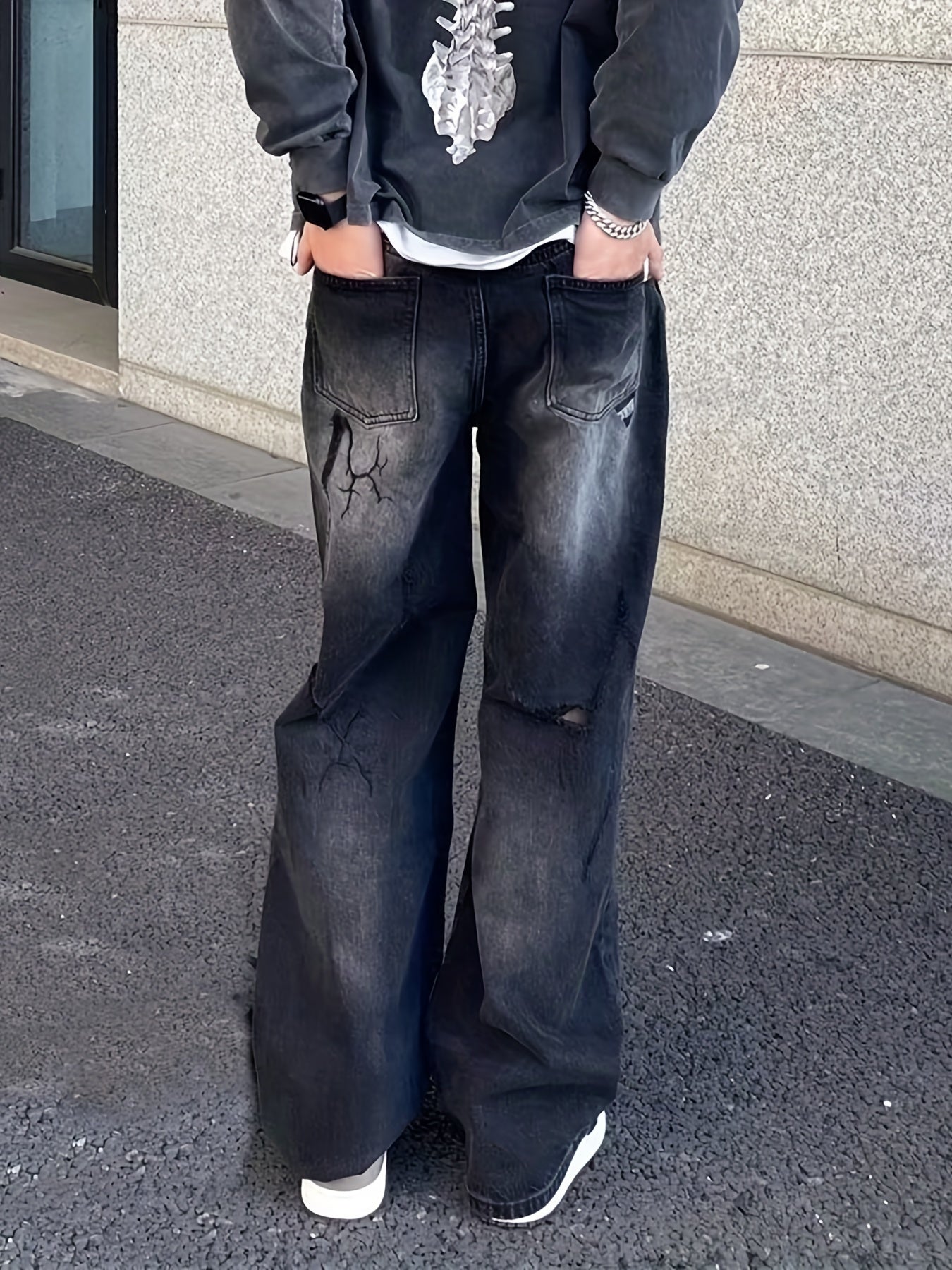 Mens Street Ripped Pants Jeans Handsome Loose Straight Pants