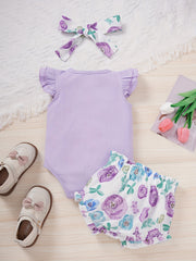 3pcs Baby Girls Ruffle Sleeve Onesie & Bow Shorts Set