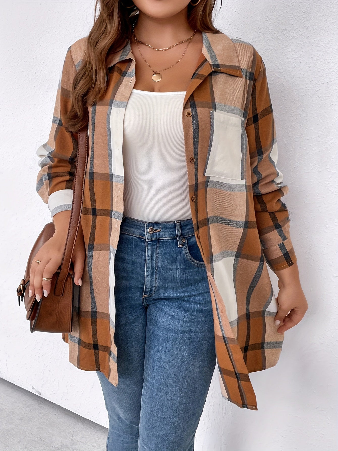 Plaid Print Button Up Long Sleeve Tunic Shirt