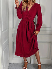 Tiered Surplice Neck Dress Long Sleeve Midi Dress Women's Clothing