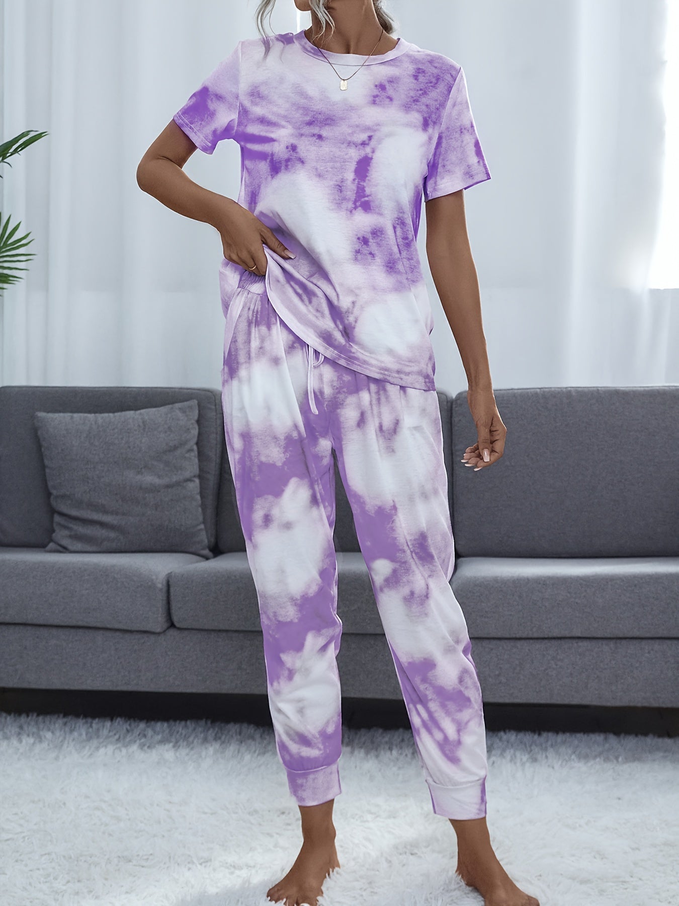 Tie Dye Lounge Set Crew Neck Top & Lace Up Pants