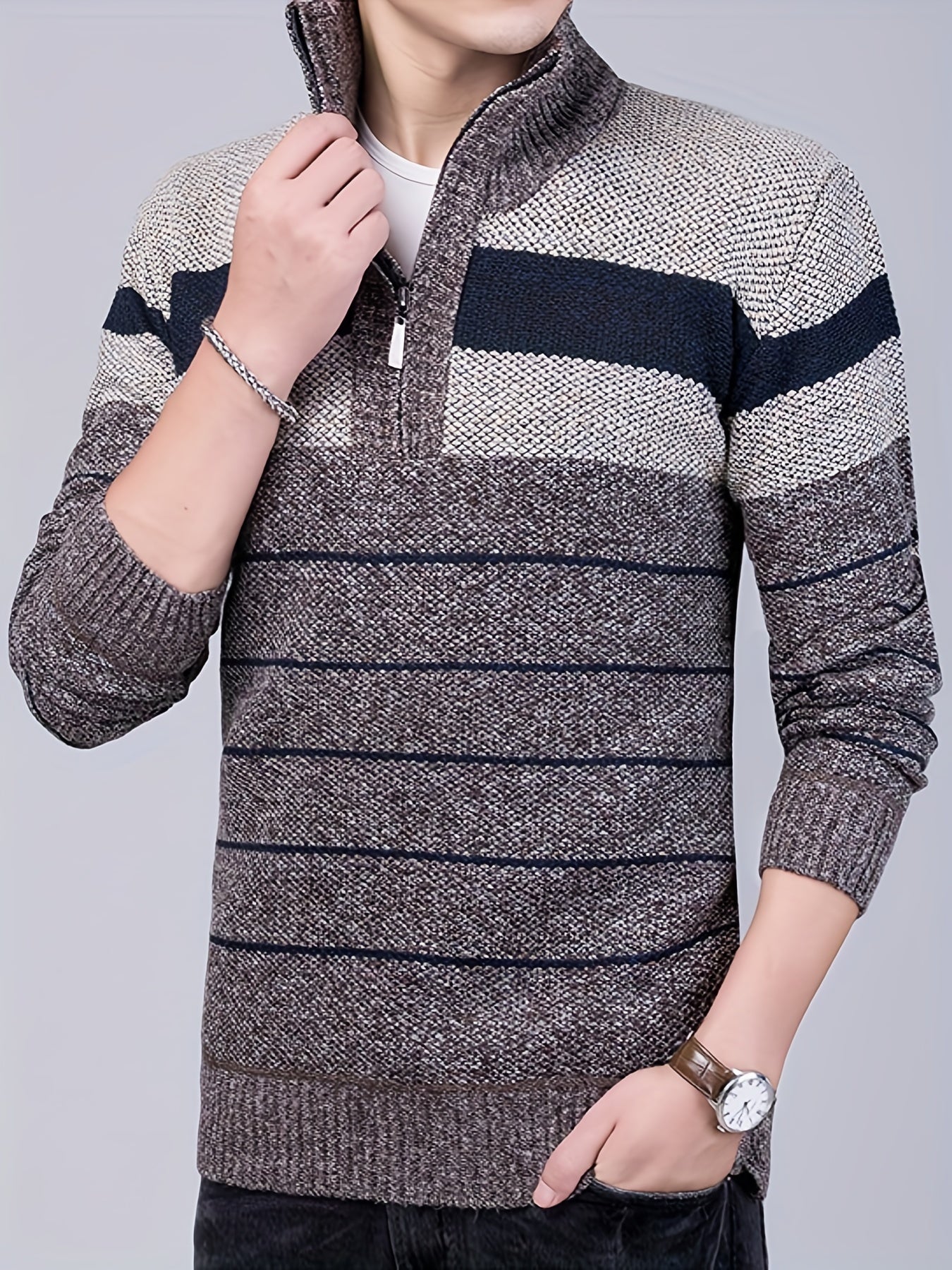Elastic Striped Pattern Zip Neck Sweater for Men
