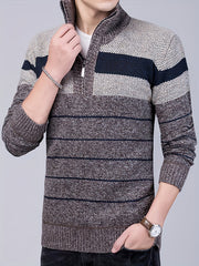 Elastic Striped Pattern Zip Neck Sweater for Men
