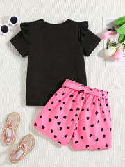 2pcs Toddler Girls Cat Graphic T Shirt & Heart Graphic Shorts Set