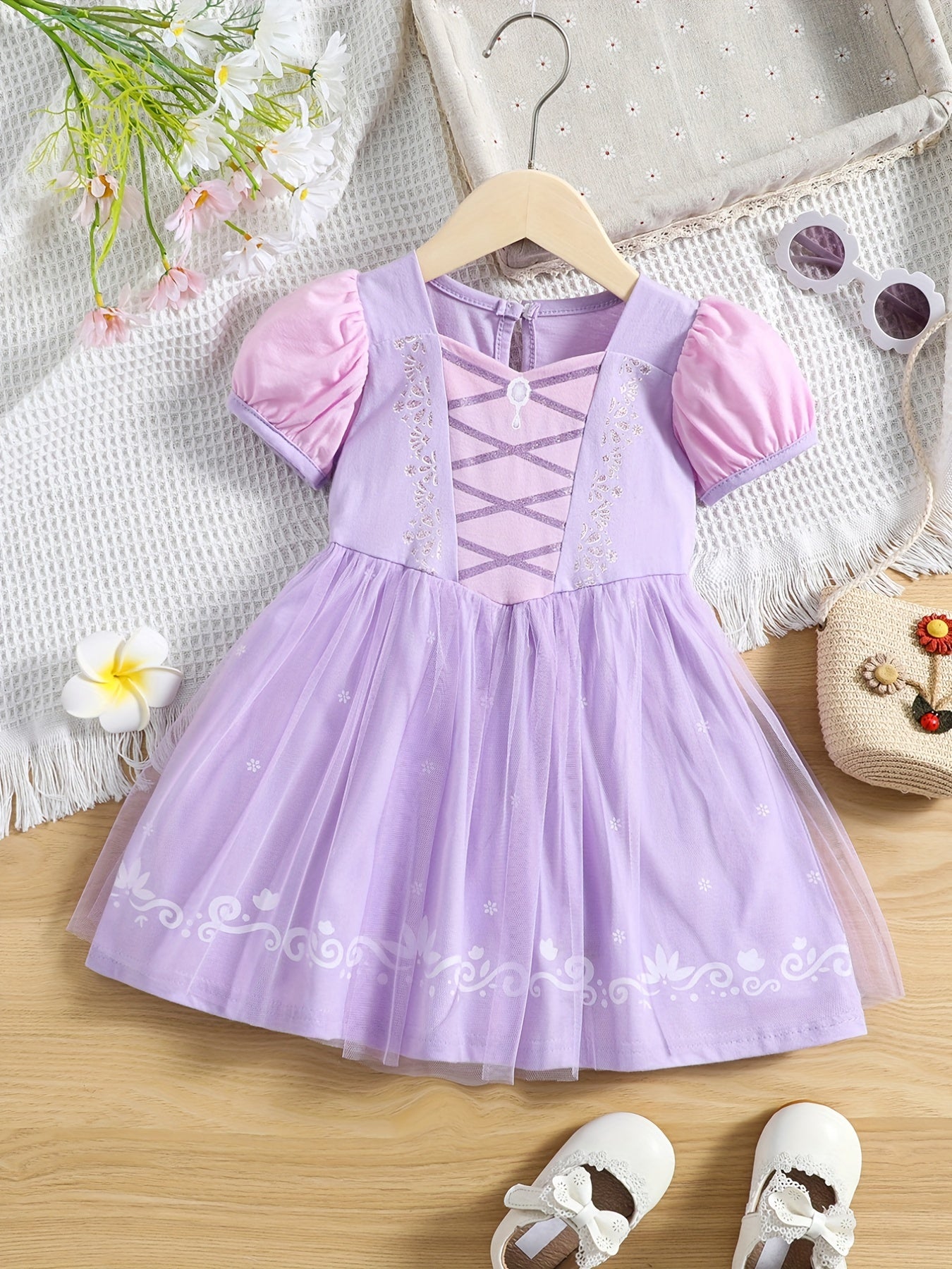 Girls Princess Dress Puff Sleeve Tulle Ribbon Print Halloween Party