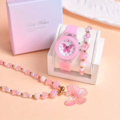 3pcs Set Girls Butterfly Quartz Watch LED Flashing Luminous Wristwatches