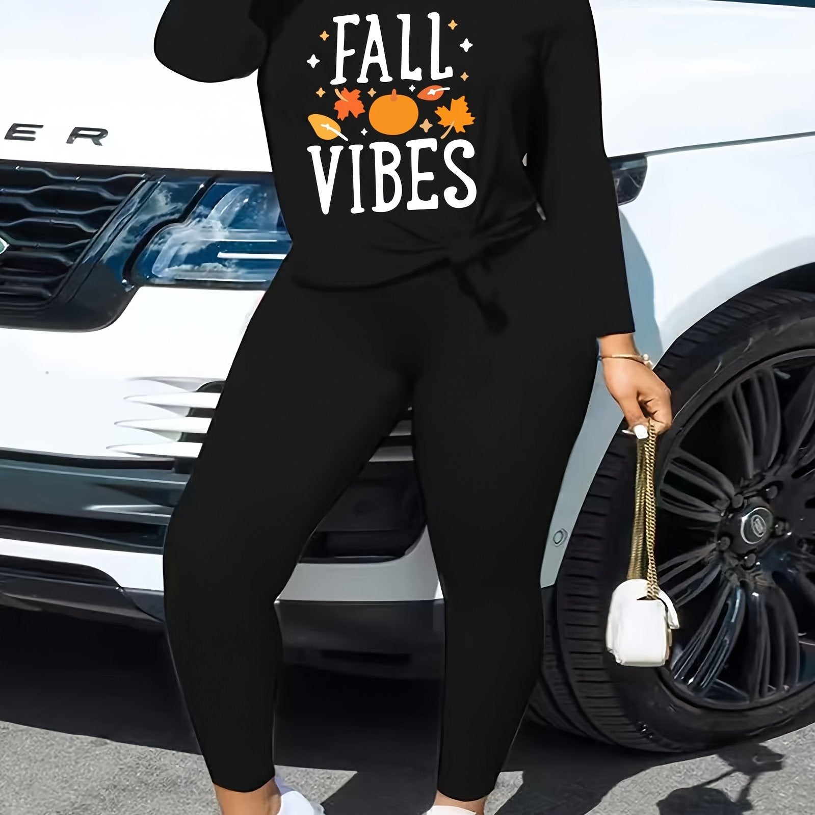2 Piece Set Women's Letter & Leaf Print Top & Leggings