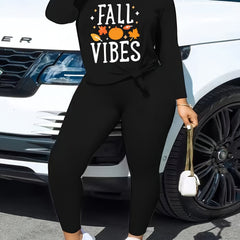 2 Piece Set Women's Letter & Leaf Print Top & Leggings