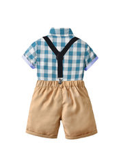 Boys Plaid Shirt & Shorts Set with Bow Tie Preppy Style