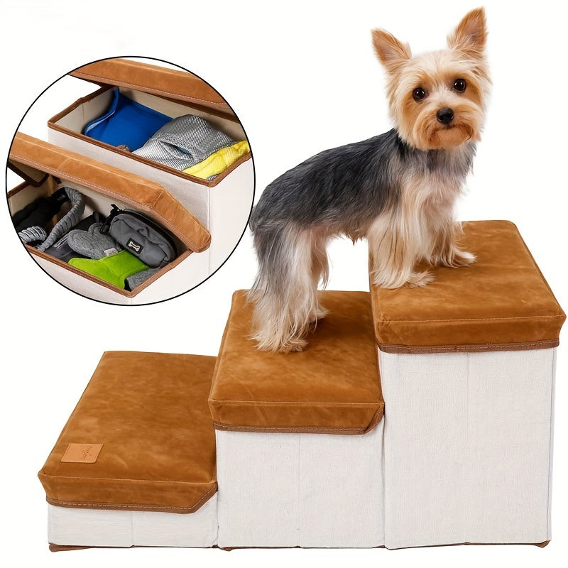 Foldable 3-Tier Pet Stairs for High Bed with Storage