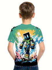 Building Block Man 3D Print Boy's Casual Tees Short Sleeve Crew Neck