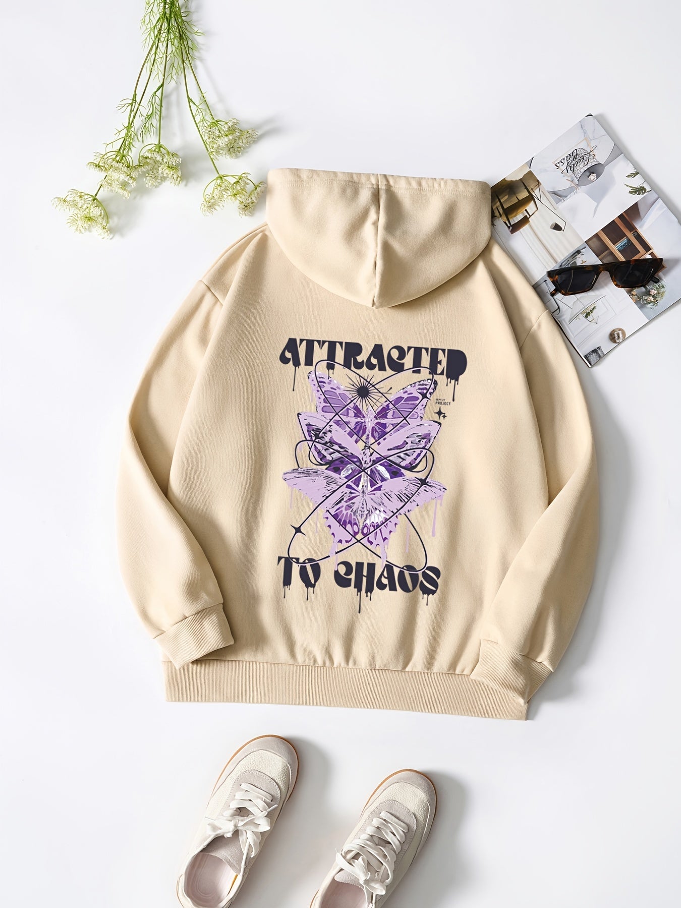 Purple Butterfly Drawstring Hooded Sweater