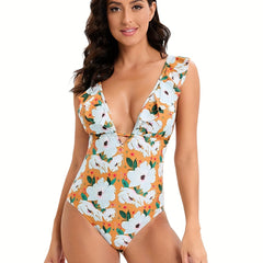Floral Print Ruffle V Neck One Piece Swimsuit