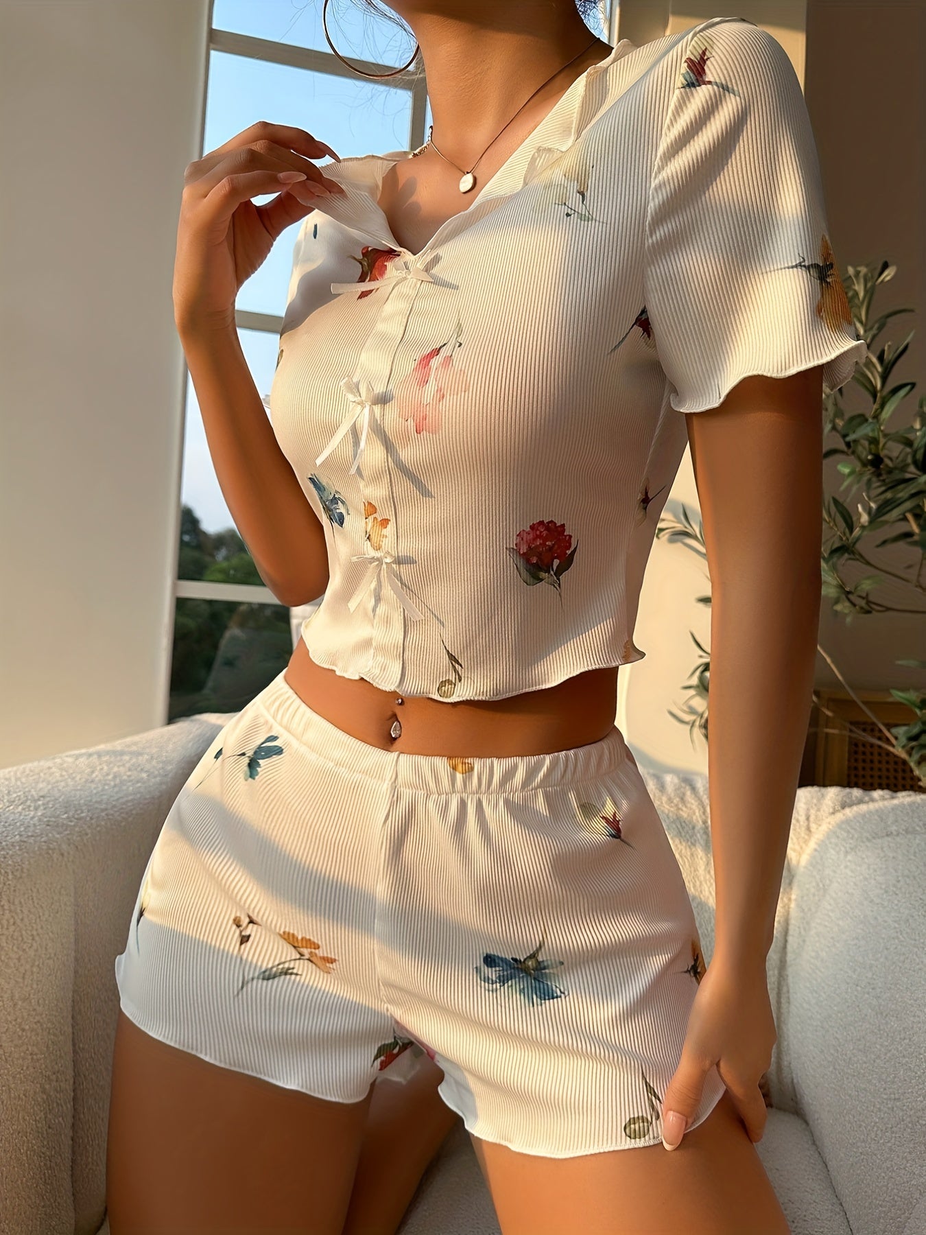 Floral Pajama Set Short Top & Pants