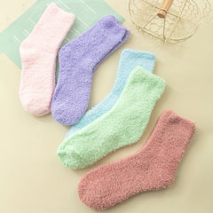 5 Pairs Fuzzy Crew Socks, Comfy & Warm Women's Stockings