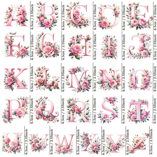 27pcs Pink Floral Alphabet UV Transfer Paper Waterproof Self Adhesive Decals
