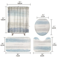 4 Pc Bathroom Set: Curtain, Rugs, Non-Slip Mat, Toilet Lid Cover, Hooks