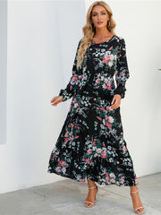 Floral Maxi Dress Long Sleeve Loose Crew Neck Casual Dress