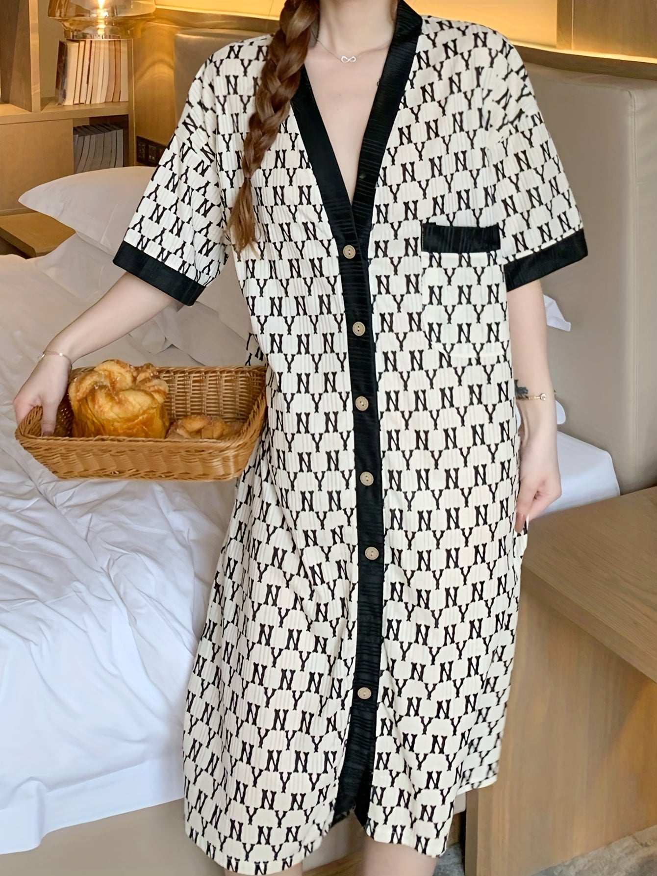 Colorblock Short Sleeve Button Robe Women's Loungewear