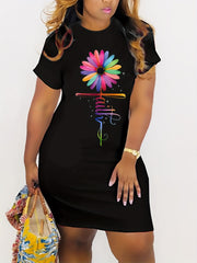 Colorful Art Letter & Sunflower Print High Stretch Dress