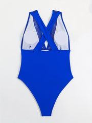 V Neck One Piece Swimsuit Contrast Mesh High Cut Bathing Suit Women's Swimwear