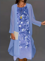 Tie Dye Floral Print Tank Dress Set with Long Sleeve Coat