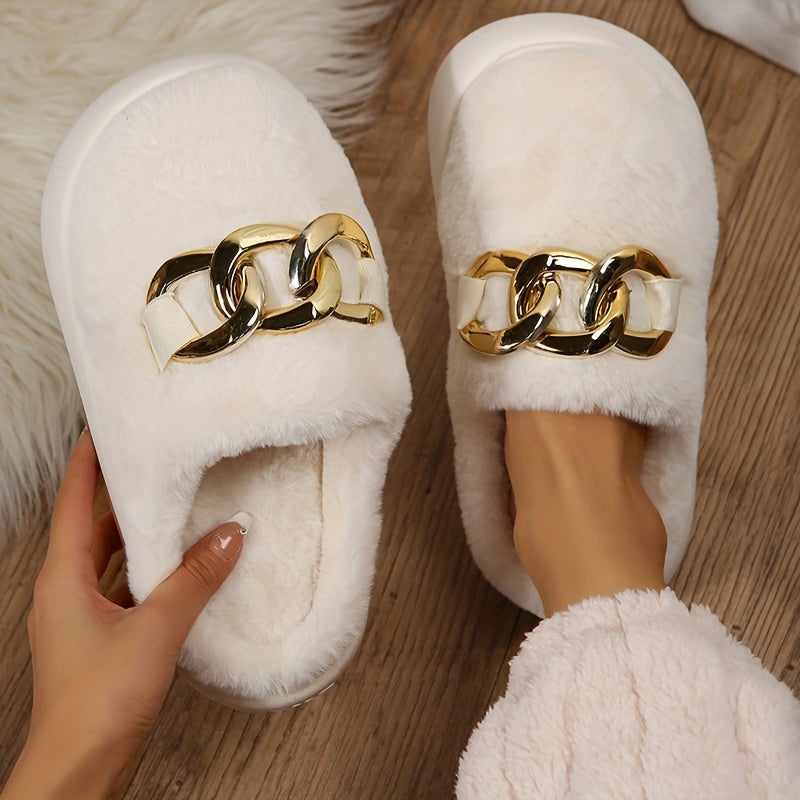 Women's Chain Platform Slippers Plush Lined Shoes