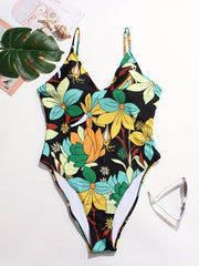 Floral Print High Leg V-Neck One Piece Swimsuit Plus Size