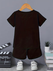 Boys King Crown Print Casual Outfit Round Neck T shirt & Shorts