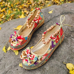 Tribal Style Beading Flat Shoes Retro Floral Print Bowknot Walking Shoes