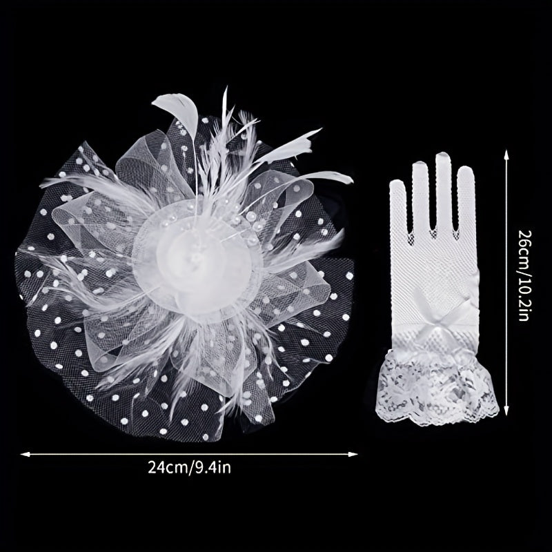 3Pcs Fascinator Hat & Lace Gloves Wedding Tea Party Bridal Hair Accessories
