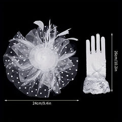 3Pcs Fascinator Hat & Lace Gloves Wedding Tea Party Bridal Hair Accessories