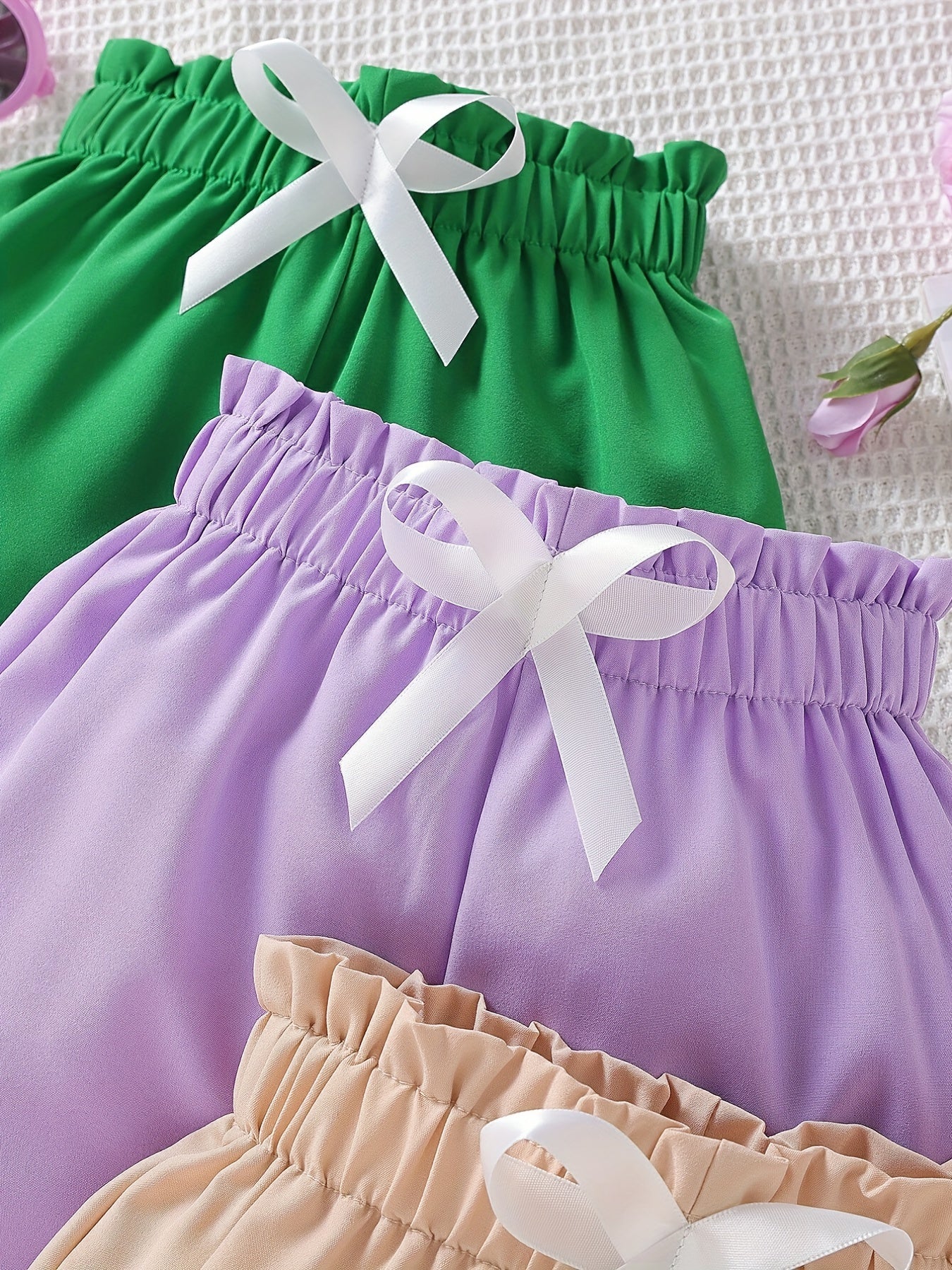 3pcs Toddler Kid Girls' Shorts Set With Bow Front And Paperbag Waist