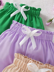3pcs Toddler Kid Girls' Shorts Set With Bow Front And Paperbag Waist