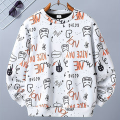 Letter And Cat Boys Full Print Sweatshirt Crew Neck Tops