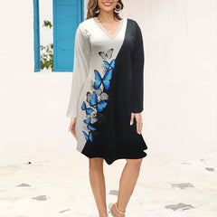 Colorblock Butterfly Print V Neck Dress