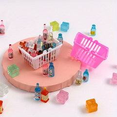10pcs Mini Supermarket Shopping Basket Set with Food & Drink Models