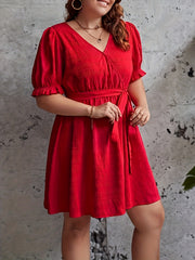 Plus Size Solid Ruffle Trim Puff Sleeve Dress With Belt