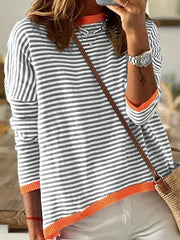 Striped Print Knit Sweater Crew Neck Drop Shoulder Sweater