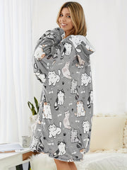 Cartoon Cat Print Hooded Robe Women's Nightwear