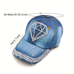 Rhinestone Heart Baseball Cap Denim Distressed Sun Hat Adjustable