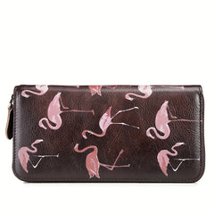 Vintage Flamingo Print Leather Purse for Women Large Capacity Zipper Wallet